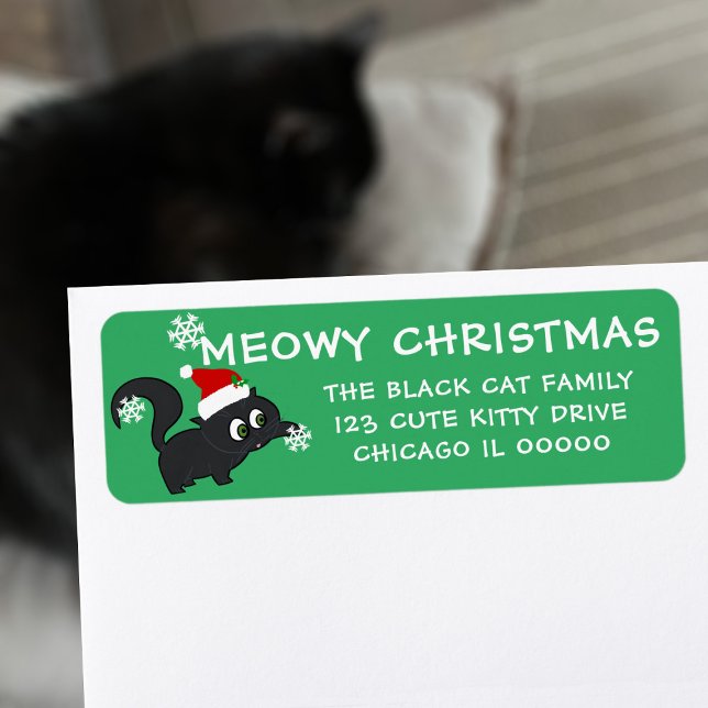 Etiqueta de Endereço de Devolução de Papais noeis  (Meowy Christmas! A cute kitten wearing a santa hat on your return address labels. Happy Pawlidays!)