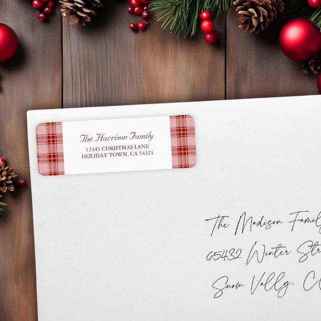 Etiqueta de Endereço de Devolução de Xadrez Vermel (Elegant Modern Red Plaid Return Address Label)