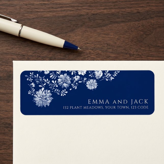 Etiqueta de Endereço de Devolução Floral em Aquare (Navy Blue Watercolor Floral Return Address Label)