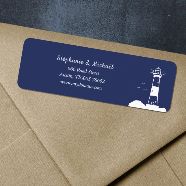 Etiqueta de Endereço de Devolução Marinho Azul de  (Lighthouse Navy Blue Wedding Return Address Label)