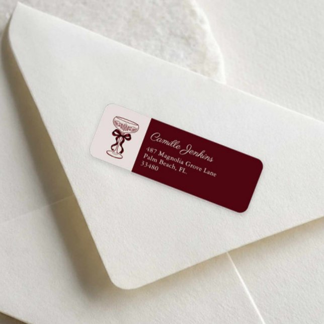 Etiqueta de Endereço de Devolução para Chá de Noiv (Burgundy Bows and Bubbly Bridal Shower Return Address Label)
