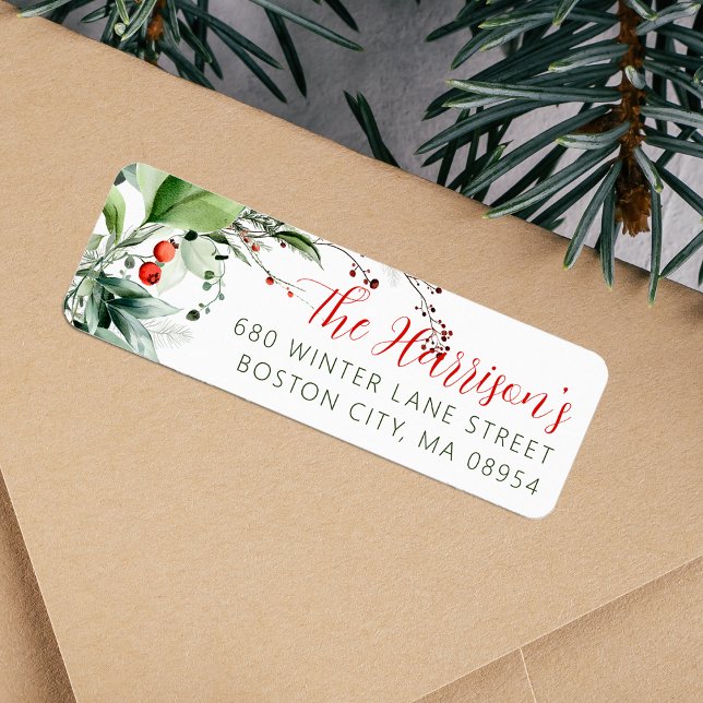 Etiqueta de Endereço de Natal com Vegetação em Aqu (Festive Watercolor Greenery Christmas Label)