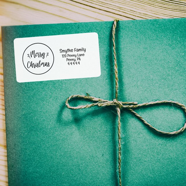 Etiqueta de Endereço de Regresso de Natal Elegante (Round Merry Christmas | Black Return Address Label)