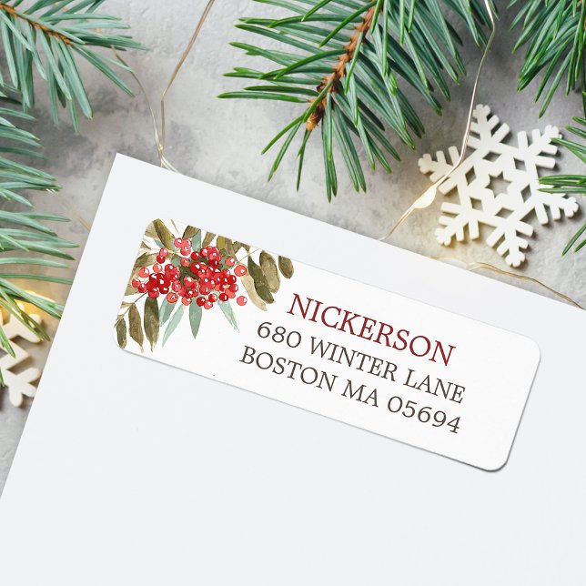 Etiqueta de Endereço de Remessa de Bagas de Natal  (Watercolor Christmas Berries Return Address Label)