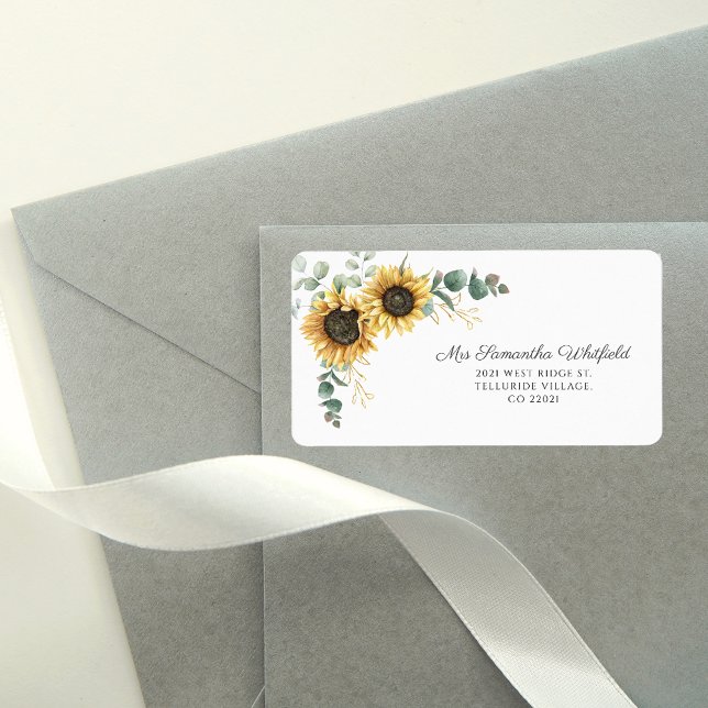 Etiqueta de Endereço de Remessa de Girassol de Euc (Sunflower Eucalyptus Floral Script Address Label)