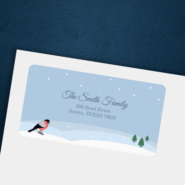 Etiqueta de Endereço de Retorno de Paisagem & Neve (Bullfinch & Snowy Landscape Return Address Label)