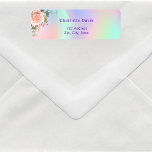 Etiqueta de endereço de retorno floral de rosa hol<br><div class="desc">Cor de fundo Holographioc,  cor rosa,  roxa,  verde-menta. Um rosa de ouro e uma rosa rosa-rosa pincelada,  verde-floral e eucalipto e folhagem de ouro falso. Personalize e adicione seu nome e endereço. Cartas brancas.</div>