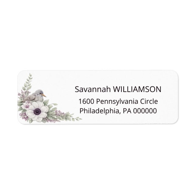 Etiqueta de Endereço Roxo Verde Floral com Pássaro (Frente)