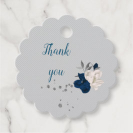 Etiqueta de favor botânico das flores azuis e bran