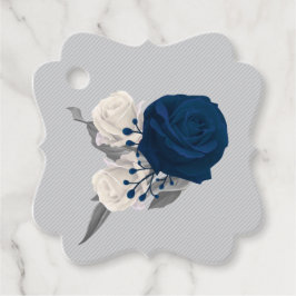 etiqueta de favor botânico em azul marinho e flore