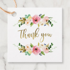 Etiqueta de favor floral dourada e rosa, boho, rús