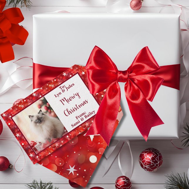 Etiqueta de fotos de feriado vermelho e branco leg (Elegant Red & White Holiday Star Gift Tag)