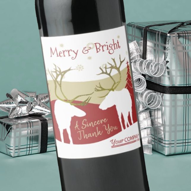 Etiqueta de Garrafa de Natal Burgundy Merry & Brig (company Christmas logo wine labels, corporate holiday stickers, rustic elk antlers red burgundy gold)