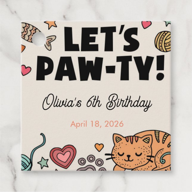 Etiqueta de lembrancinha de aniversário de gatinho (Frente)