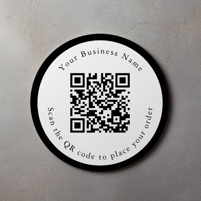 Etiqueta de menu de café/mesa profissional QR (Bold and simple round sticker with WR code, thick border, business details and scan instructions)