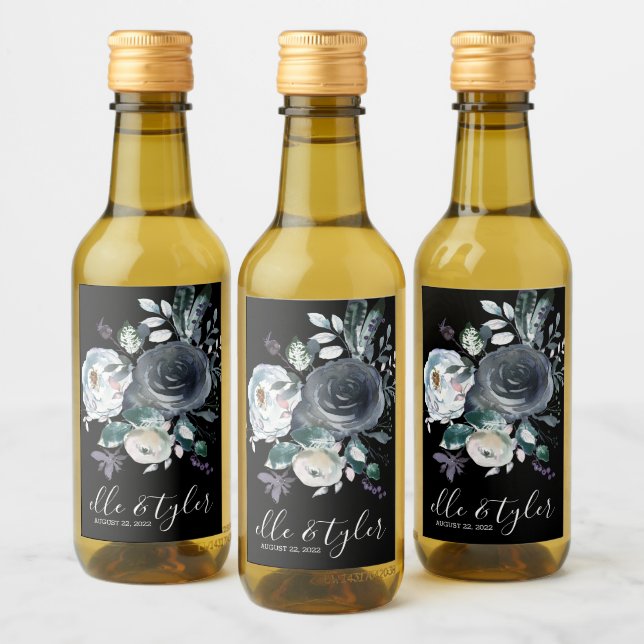 Etiqueta De Mini Vinho De Casamento Floral Azul (Garrafas)