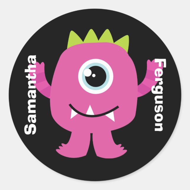 Etiqueta de nome/adesivo - Design de monstro rosa (Frente)