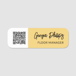 Etiqueta De Nome Amarelo Suave e Código QR Branco em Brush Script
