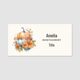 Etiqueta De Nome Autumn Pumpkins com Flores e Folhagem