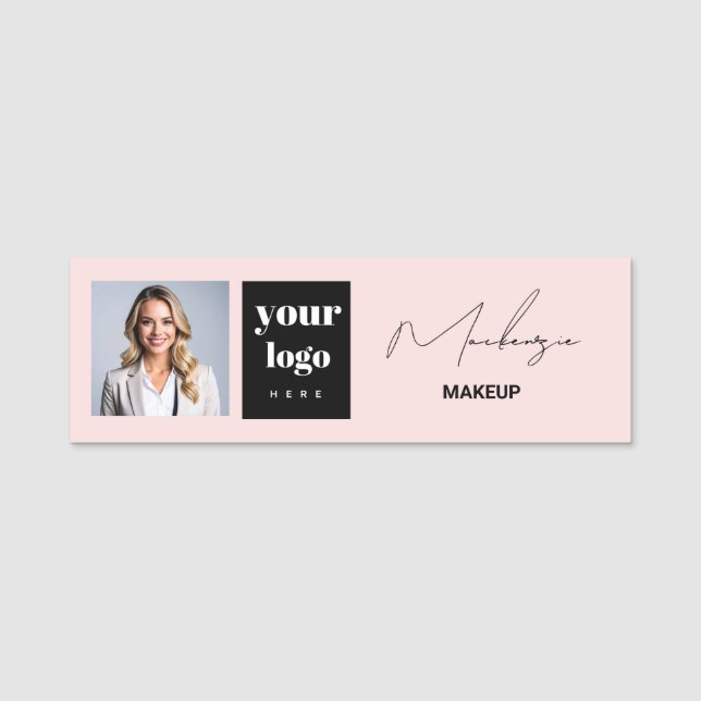 Etiqueta De Nome Blush Pink Script Logo Foto Maquiagem  (Frente)