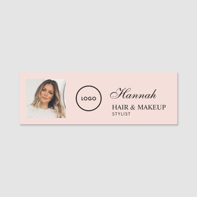 Etiqueta De Nome Blush Pink Script Logo Photo Hair Makeup (Frente)