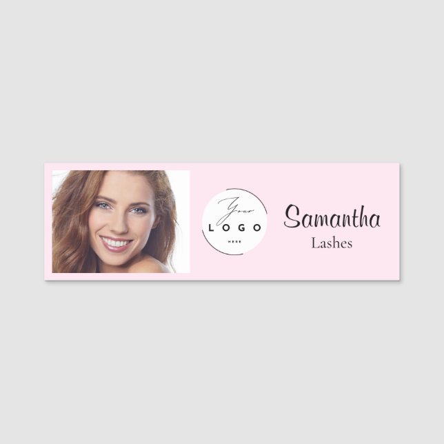 Etiqueta De Nome Blush Pink Script Logo Photo Makeup (Frente)