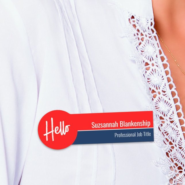 Etiqueta De Nome Branco Vermelho e Azul Alô Personalizado (Hello on red and blue name tag)