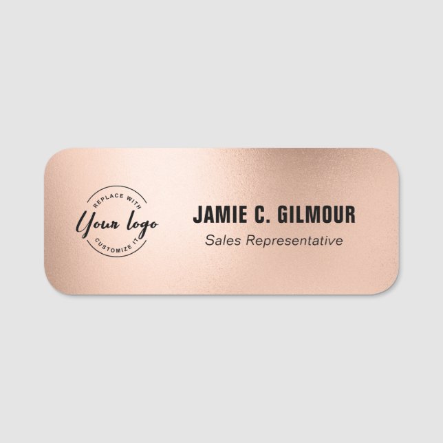 Etiqueta De Nome Business logo Employee Custom faux rose gold  (Frente)