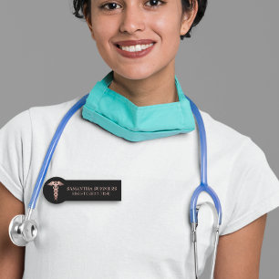 Etiqueta De Nome Caduceu de Enfermeira Médica Dourado Rosa