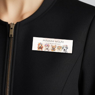 Etiqueta De Nome Cães adoráveis com coroa floral, aquarela