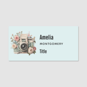 Etiqueta De Nome Câmera com Imagem Retro Pastel de Flores