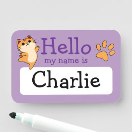 Etiqueta De Nome Cartoon Orange Cat, Paw Print, Custom, Purple