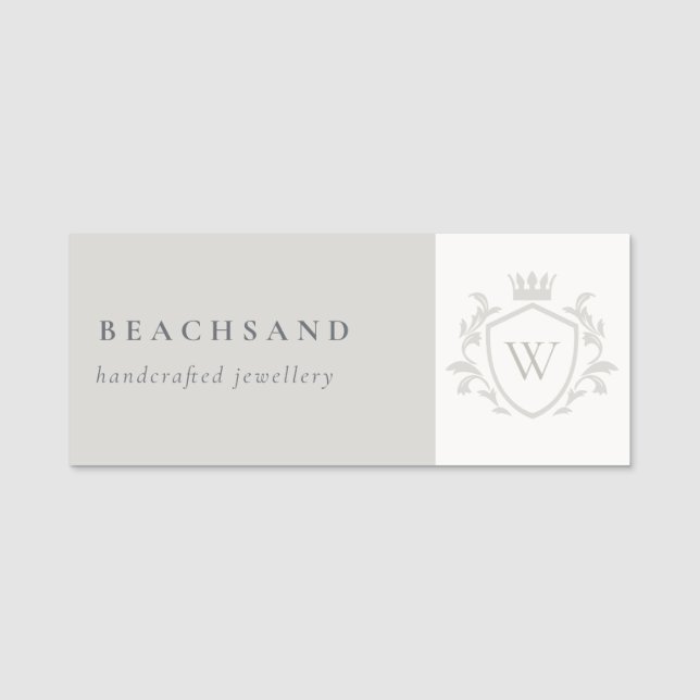 Etiqueta De Nome Cinza Elegante Clássica - Monograma - Folha Floral (Frente)