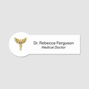 Etiqueta De Nome Clássico Caduceus Dourado Médico