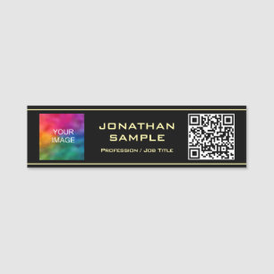Etiqueta De Nome Código QR Preto e Dourado Carregue seu logotipo aq