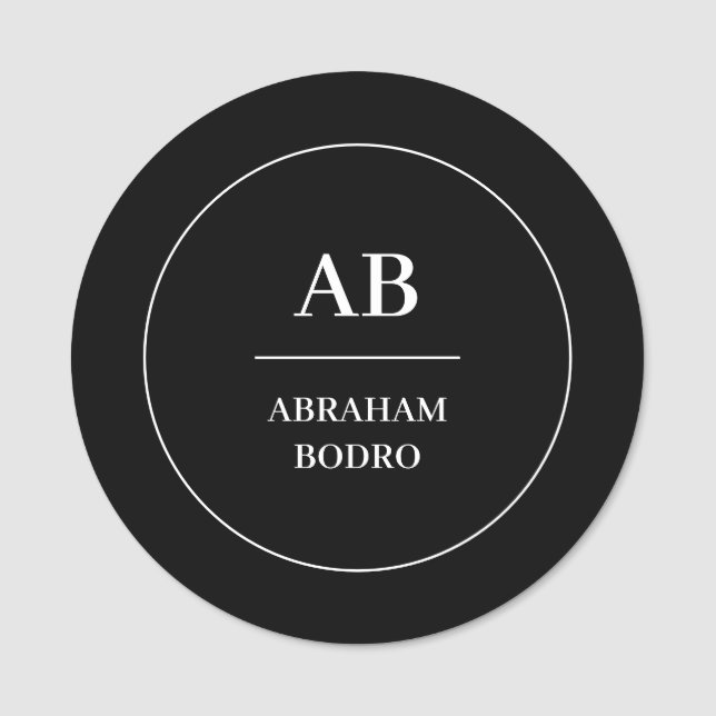Etiqueta de Nome com Monograma Preto e Branco | Pe (Frente)