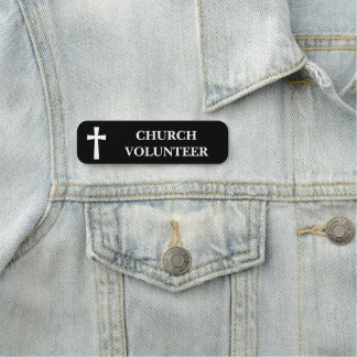 Etiqueta De Nome Cruz Branca Clássica Voluntário da Igreja Preta