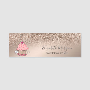 Etiqueta De Nome Cupcake Giro, Rosa Dourado Glitter