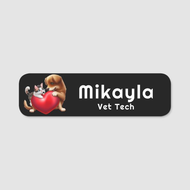 Etiqueta De Nome Cute Kitten e Puppy e Heart (Frente)