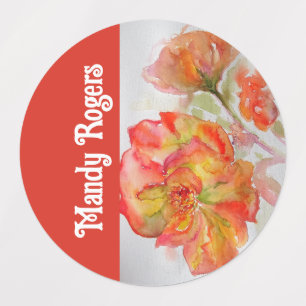 Etiqueta de Nome de Mulher Aquarela Flor Rosa Verm
