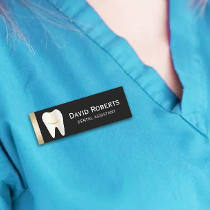 Etiqueta De Nome Dentista Dourado de Dente Preto Sorridente do Dent