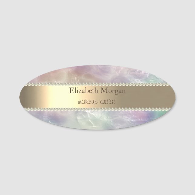 Etiqueta De Nome Dourada Elegante, Glitter Bokeh, Pérolas Nome Ta (Frente)