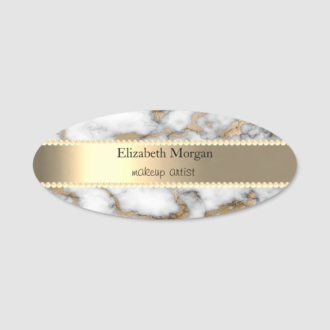 Etiqueta De Nome Dourada Elegante, Pérolas, Mármore Dourado Branco (Frente)