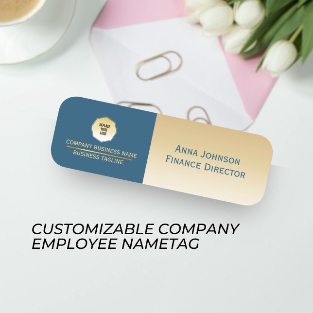 Etiqueta De Nome Dourado e azul, magnética personalizada da empresa (Criador carregado)