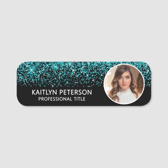 Etiqueta De Nome Elegant Aqua Glitter Magnetic Employee Photo ID  (Frente)