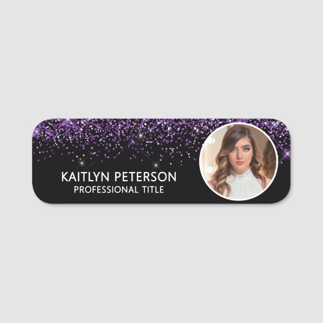 Etiqueta De Nome Elegant Purple Glitter Magnetic Employee Photo ID (Frente)
