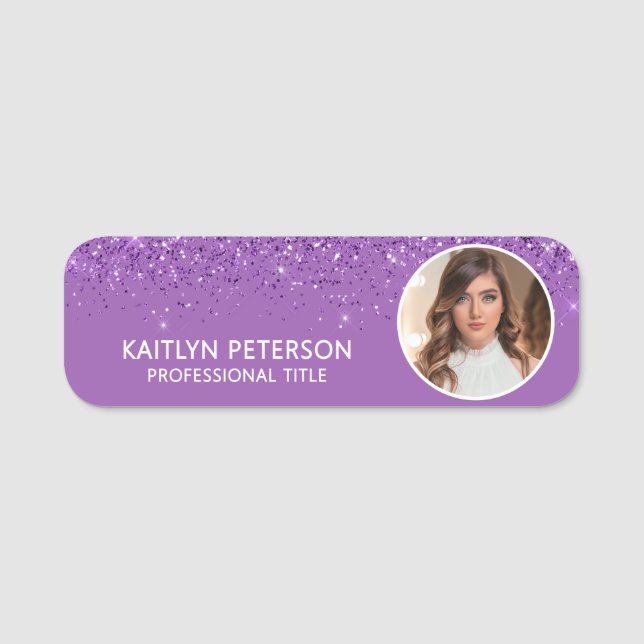 Etiqueta De Nome Elegant Purple Glitter Magnetic Employee Photo ID (Frente)