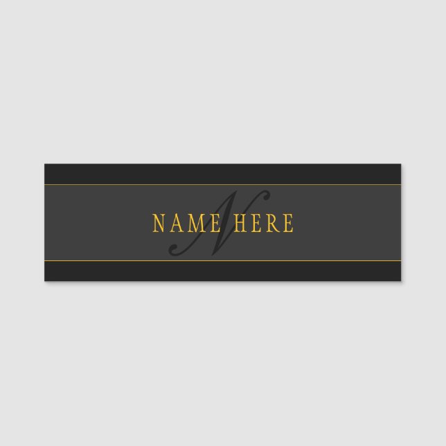 Etiqueta De Nome Elegant Script Monogram Black & Gold (Frente)