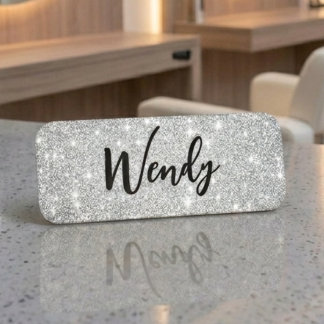 Etiqueta De Nome Elegant Silver Glitter Staff Name Tag 