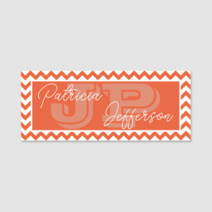 Etiqueta De Nome Elegante Tangelo Orange Chevron: Monograma Moderno